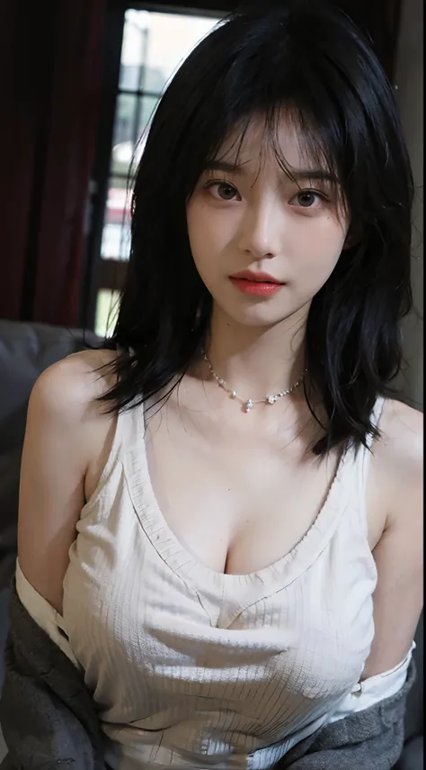 best qualtiy， 超高分辨率， （realisticlying：1.4），Baoyu Girl，1girll, with long coiled hair，Looking into the distance，gigantic cleavage breasts，Cropped red sweater，a sense of atmosphere，Beautiful woman with a slim figure:1.4, Abs，Ultra-fine face，Elaborate Eyes，二重まぶ...