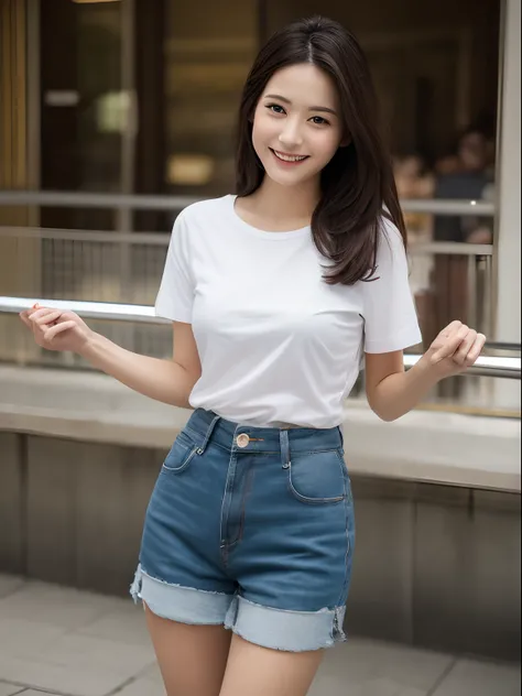 （（best qualtiy，8K，tmasterpiece：1.3））， 1girll， Happy smile and toothless， full bodyesbian， Slim， Beautiful woman， with short dark brown hair， Gray loose T-shirt，Black shorts on the upper body，espadrilles， Carry a black shoulder bag，Expose the whole body，二重ま...