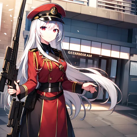 Military Ru, 1girll, Solo, standing, Very long hair, (Messy hair:1.3) White hair, Red eyes, constricted pupil, Mad eyes,  Skinny, bangs, hair between eye, , gauss rifle, akm, , Assault_rifle, Holding_Gun, Aim for, Aim for_at_peeping at the viewer, trigger_...