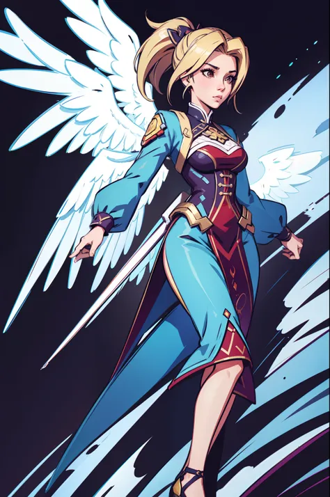 mulher loira, de descendencia inglesa, de roupa estilo oriental preto chines, xianxia de corpo inteiro, asas brancas angelicais, decote, expressao nervosa, peitos grandes, bunda grande, estilo cartoon,njo majestoso de corpo inteiro, tall female angel, desi...