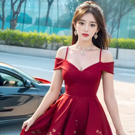 best qualtiy，tmasterpiece，high resolucion;，1girll，Red floral dress，red dress，Gorgeous and extraordinary dresses，Hair ornaments，Choker necklace，jewely，jewelry earrings，beautifull face，Red high-gloss lipstick，Full breasts，indeed，Dingdall Effect，realisticlyin...