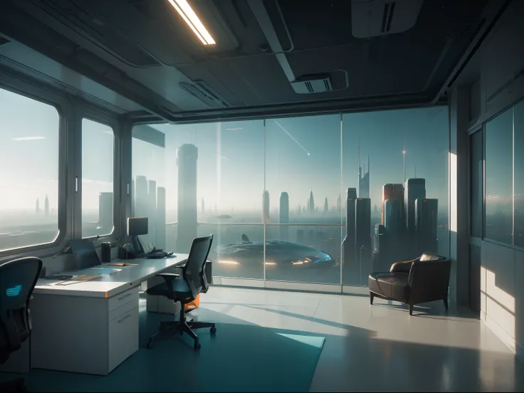 a gorgeous sci-fi private office room matte painting by john harris, sparth and greg rutkowski. sharp edges, tiffany blue, grey orange, white and golden. sci-fi bedroom in a space base, outside the windows a future city skyline, light effect. ultra clear d...