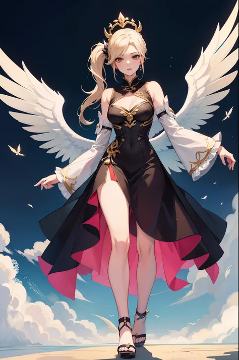 mulher loira, de descendencia inglesa, de roupa estilo oriental preto chines, xianxia de corpo inteiro, asas brancas angelicais, decote, expressao nervosa, peitos grandes, bunda grande, estilo cartoon,njo majestoso de corpo inteiro, tall female angel, desi...