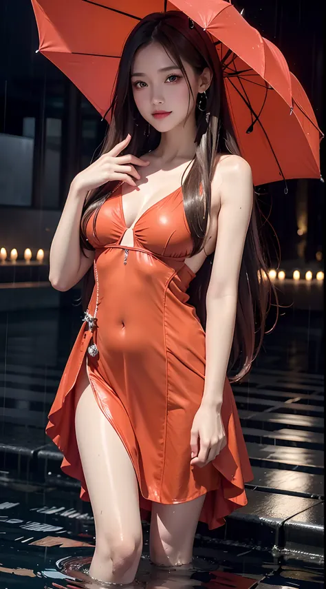 4k ultra hd, masterpiece, best quality, a girl, beautiful face, detailed eyes, very long hair, impressive and attractive hair, good looking, lovely lips, happy, opened mouth, beautiful dress, dark orange rainy dress, bare stomach, cristalized jwellery, shi...