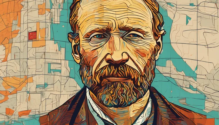 closeup of Vincent Van Gogh in San Francisco, looking at viewers, facing viewers, (eye contact with camera), looking at camera, colorful, perfect drawing, perfectly drawn face, high quality, cinematic quality, clear details, high definition, high resolutio...