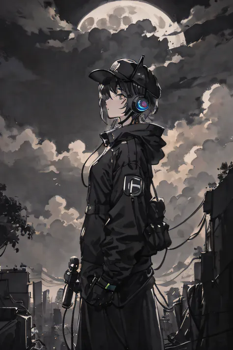 Masterpiece, best quality, night, hills, clouds, full moon, cap, headphone,microphones, woman, silhouette, cyberpunk,black and white