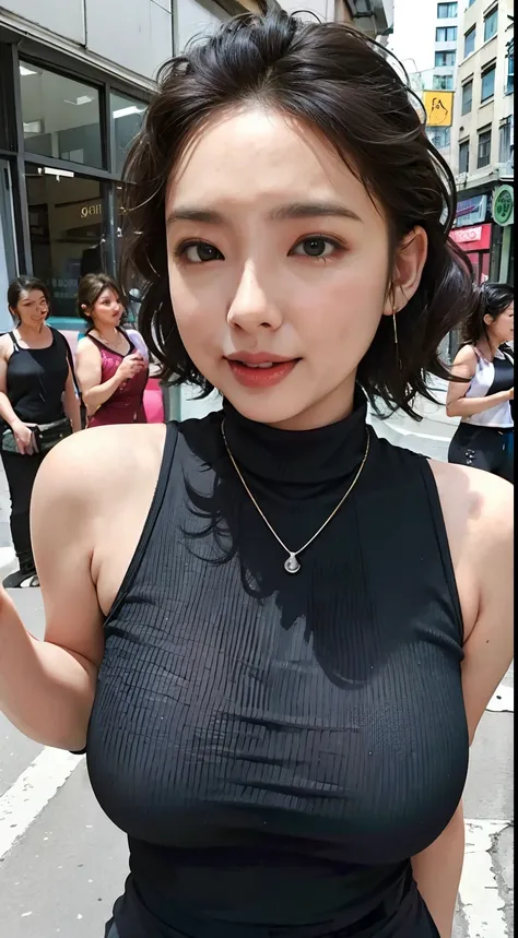 (masterpiece, best quality), beautiful woman, detailed sleeveless turtleneck top, pants, necklace, wavy hair, perfect face, beautiful face, alluring, big gorgeous eyes, open mouth, happy, perfect slim fit body, (outdoor), city streets, new york, bright col...