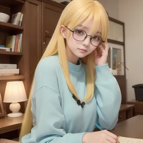 Long light yellowish blue hair，Plain yellow-blue matching clothes，There are green and reddish brown ornaments as embellishments，With black-framed glasses，She is a cute intellectual beautiful girl