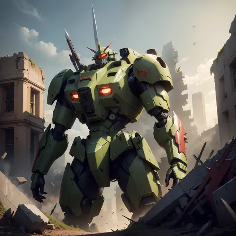 mechs，Red one-eyed，Speed type，Dark green mech，Holding a double knife，Stand on the ruins of the city，With earthy yellow broken cape，There are spikes on the shoulders，High- sharpness，