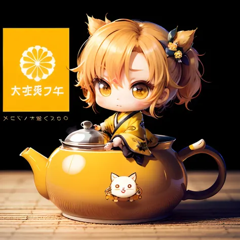 Cute chibi anime sitting in a teapot, wear yellow kimono, drink tea, logo