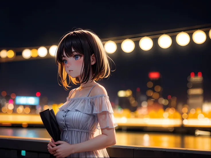 Man staring into the distance、in her 20s、background is city at night、Woman staring at man、in her 20s、Woman wearing summer dress、Bokeh background