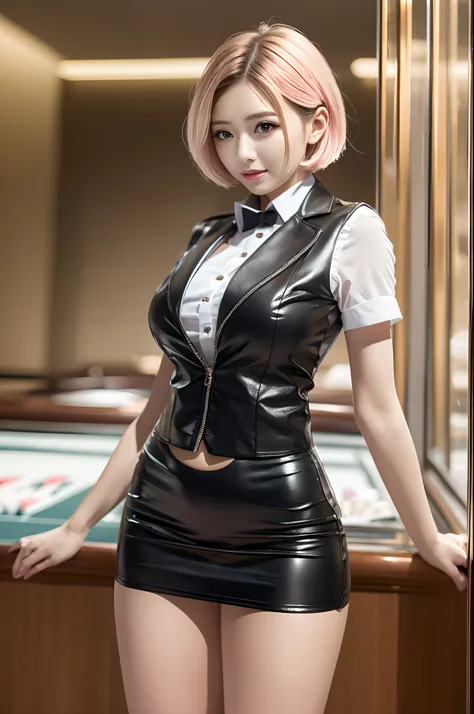 (highest quality, hight resolution, masterpiece:1.3) solo, girl, THE CASINO CROUPIER, BREAK green eyes, tsurime, pink and very short hair, large breasts, navel, detailed skin, BREAK White shirt, black short leather vest, black leather miniskirt, pencil ski...