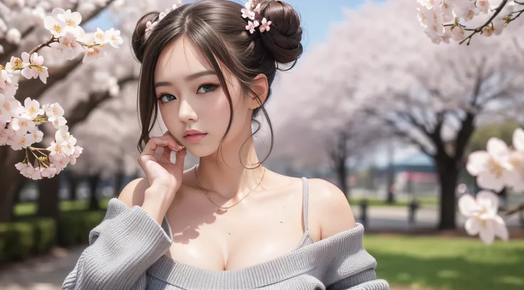 masterpiece, best quality, 8k, flawless, detailed background, soft lighting, cherry blossom, windy,
((1girl, solo)), upper body, looking at viewer, double bun, mole under eye, ((grey_pupils)), blush, (glossy lips, large breasts), solo focus,
beige sweater,...