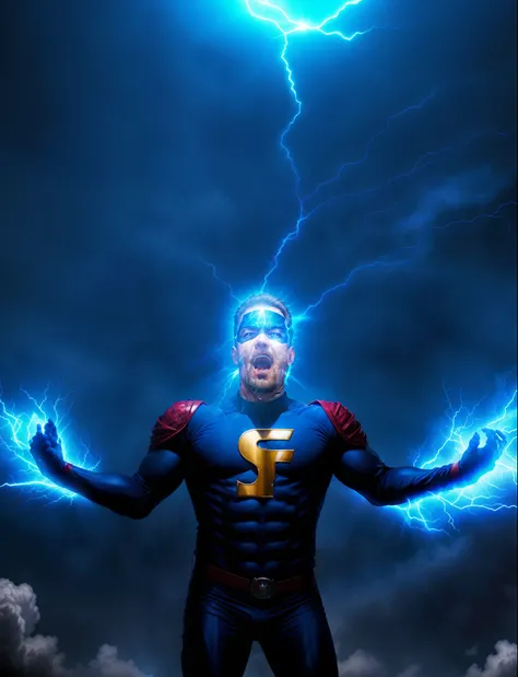 superhero dropping effects of kings by the hands while letting out a scream of energy, poderes de raios, hero, efeitos de flash, efeitos de raios, roupa azul, traje azule e preto