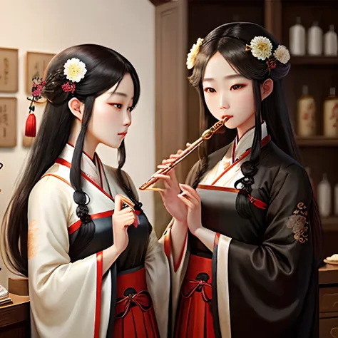 Antique dealer，Take the flute with black hair，Hanfu，Ancient Girls