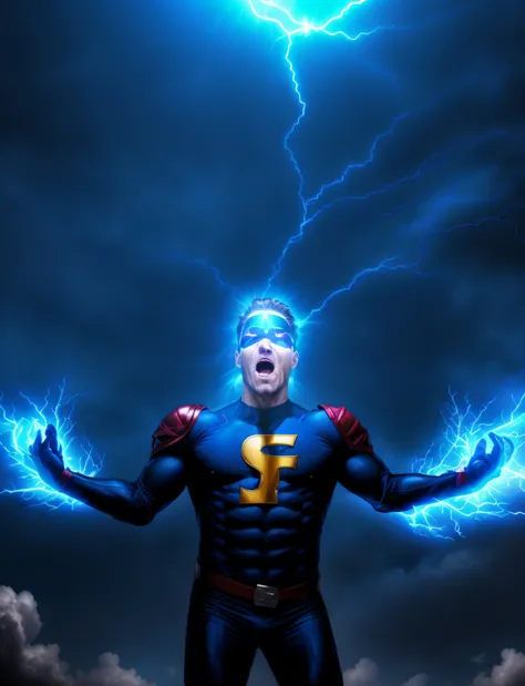 superhero dropping effects of kings by the hands while letting out a scream of energy, poderes de raios, hero, efeitos de flash, efeitos de raios, roupa azul, traje azule e preto