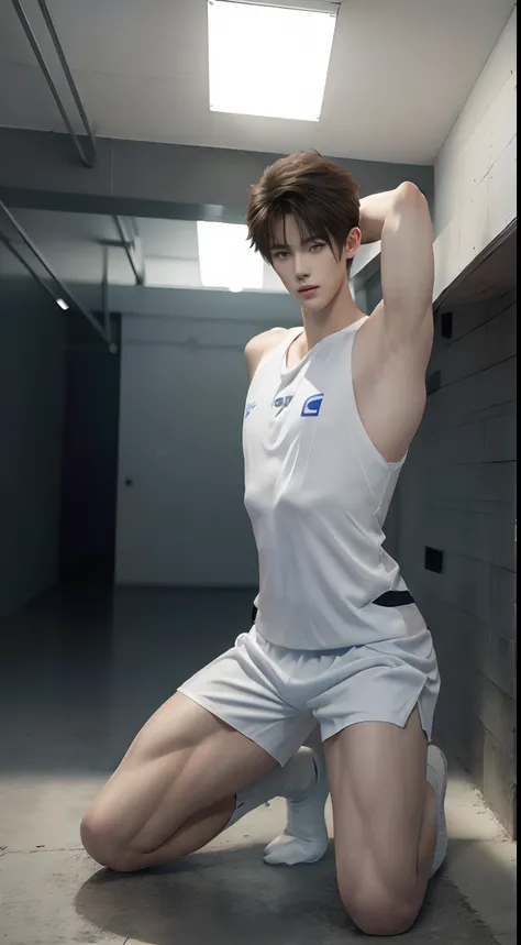 (((Best quality))),(((Ultra detailed))),(((Masterpiece)))，（Cute tall Shota：2），The height of a volleyball player，solo person，（full bodyesbian：3），（Stay away from the lens：3），Expose your legs，（revealing the whole body：2），（Frontal heads-up view：1.2），malefocus，...