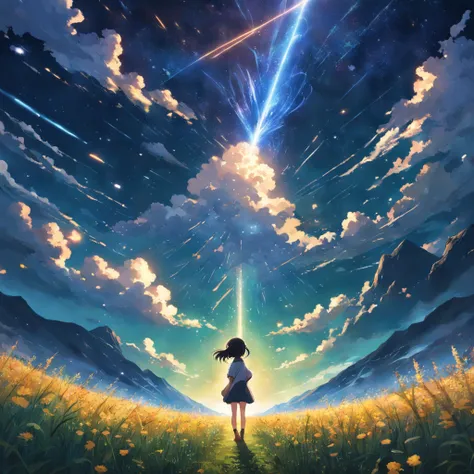 Makoto Shinkai, Expansive landscape photograph , (View from below，Displays the sky above and the clearing below), a girl standing on flower field looking up,  ( meteors:0.9), (Starcloud:1.3), Far Mountain, Tree BREAK Production Art, (Warm light source:1.2)...