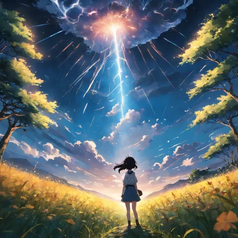 Makoto Shinkai, Expansive landscape photograph , (View from below，Displays the sky above and the clearing below), a girl standing on flower field looking up,  ( meteors:0.9), (Starcloud:1.3), Far Mountain, Tree BREAK Production Art, (Warm light source:1.2)...