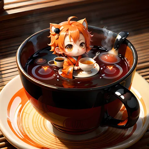 Cute chibi anime sitting in the tea cup, wear orange kimono, drink tea, logo