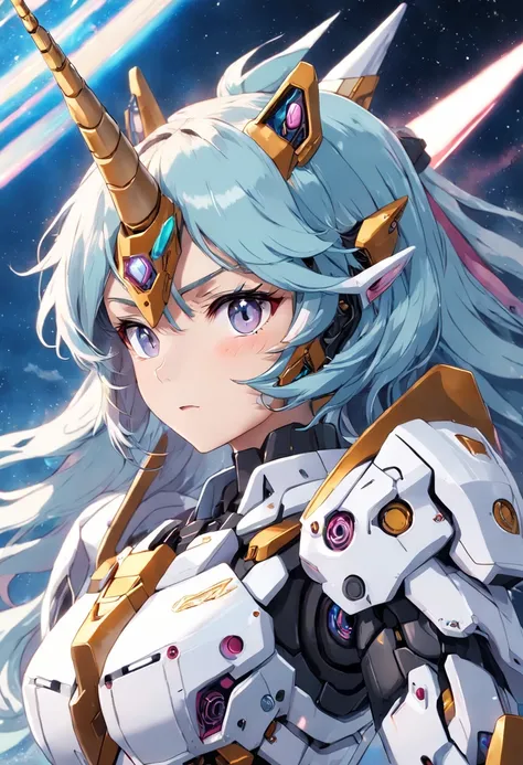 High quality High detail Unicorn mecha Rich facial detail Mecha style Strong sense of streamlining Gundam sky background Delicate armor Weapon in hand High detail Masterpiece Cold and powerful feeling