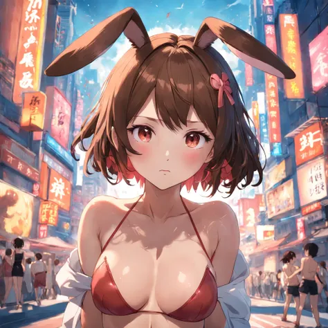 tmasterpiece，best qualtiy，Girls from the Republic of China，Short hair，brown haired，She wears a three-point bikini，Rabbit ears，tits out