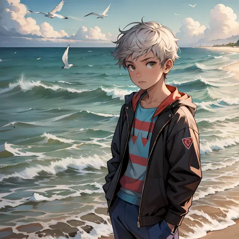 A boy is by the sea，sandbeach，seagulls