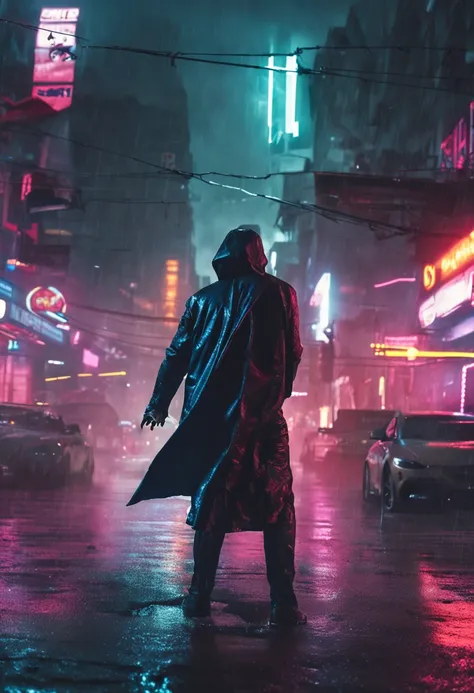 Ah, Two guys fighting in the rain on top of a building in a cyberpunk city? Que cena intensa! Imagino que a chuva esteja caindo forte, as luzes neon brilhando na cidade, and the guys fighting with all the strength. Um deles poderia estar vestido com um cas...