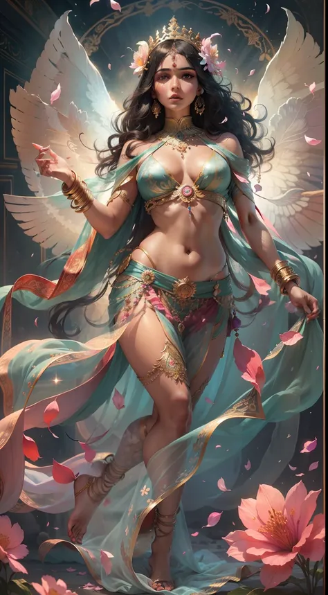 (Highly detailed), (illustartion), (Intricate), (beatiful face), (attractive body), (A complete picture of the body), A modern Indian goddess, Transparent clothes, dynamicpose, Flying flower petals, Colorful, commands attention, celestial.