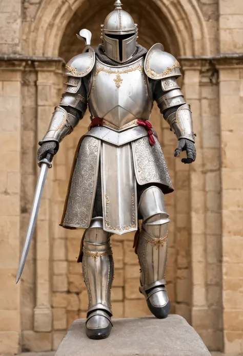 "A majestic Royal Knight with shining armor and a regal presence, standing tall in front of a grand castle, embodying valor and nobility, surrounded by a mystical aura. The knights armor gleams with golden embellishments, showcasing intricate details and c...