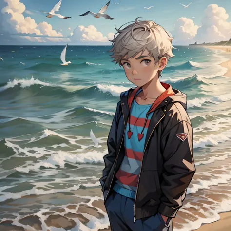 A boy by the sea，sandbeach，seagulls