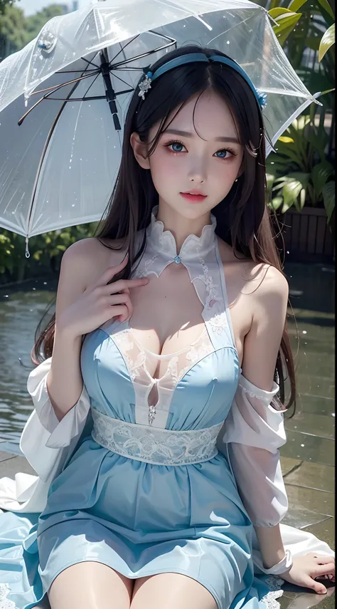 4k ultra hd, masterpiece, best quality, a girl, beautiful face, detailed eyes, very long hair, impressive and attractive hair, good looking, lovely lips, happy, opened mouth, rainy dress, sky blue dress, white lace, cristalized jwellery, shining jwellery, ...