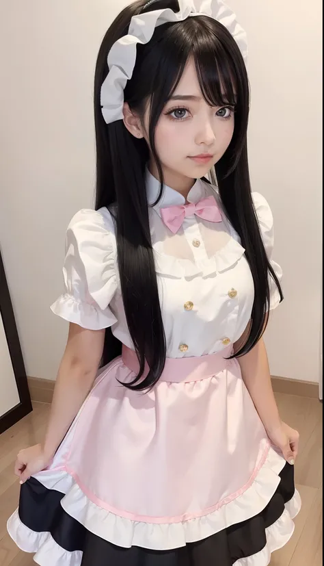 black color hair，Pink and white maid outfit，White silk sweet girl