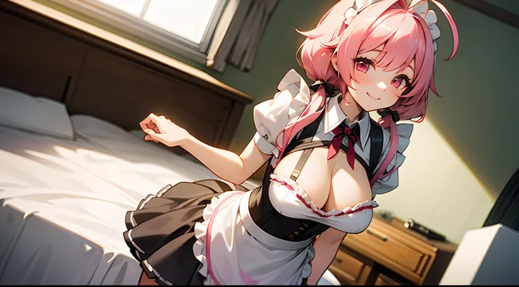 1 girl, game CG, frilly maid outfit, cleavage visible, short skirt, maids hair ornament, maids small apron, black garter belt, gigantic breasts, pink hair, long hair, low twintails, princess hairstyle, ahoge, pink eyes, smiles, indoors,