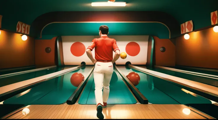 Date: 1972
Location: Moscow, Russia
Description: In a Soviet-era bowling alley, a lone bowler carefully aims for a strike, the symmetrical arrangement of pins contrasting with the colorful vintage aesthetics.