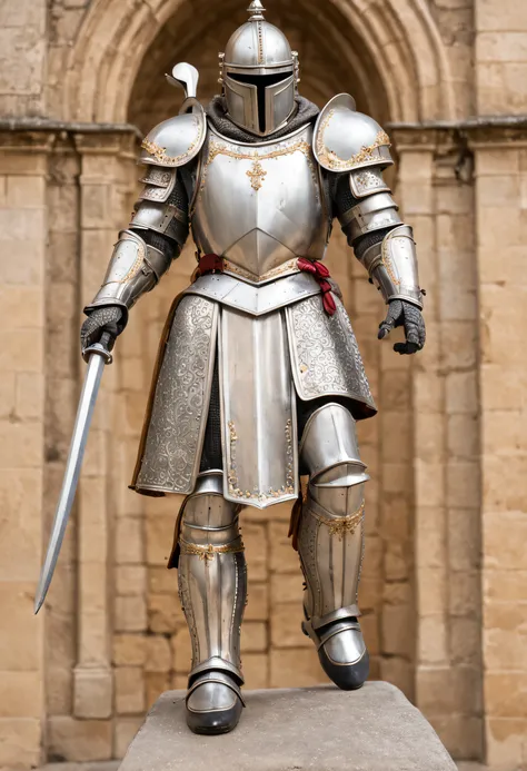 "A majestic Royal Knight with shining armor and a regal presence, standing tall in front of a grand castle, embodying valor and nobility, surrounded by a mystical aura. The knights armor gleams with golden embellishments, showcasing intricate details and c...