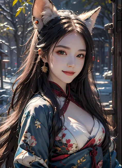 1girl,solo, happy smiling official art, unity 8k wallpaper, ultra detailed, beautiful and aesthetic, beautiful, masterpiece, best quality, Kitsune witch, fox mask, haori jacket, foxfire spell, fox familiar, transformation,depth of field,