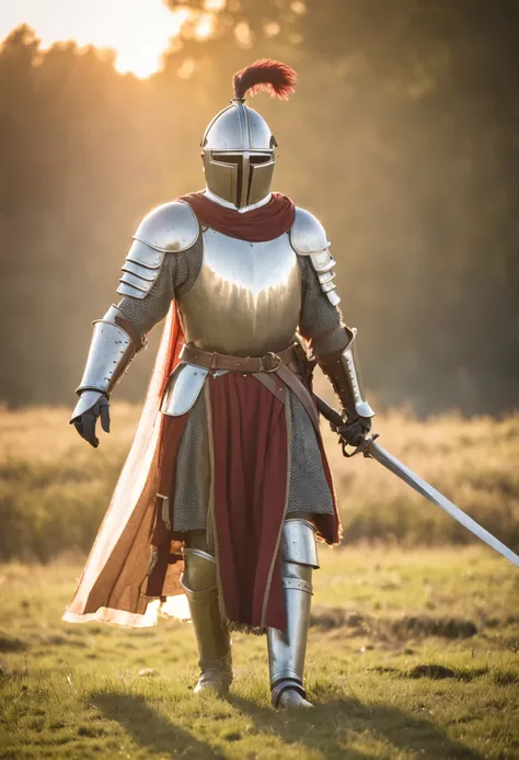 "Royal Knight with a majestic aura, adorned in gleaming armor, wielding a legendary sword, standing tall amidst a medieval battlefield, with banners fluttering in the wind and rays of sunlight illuminating the scene."