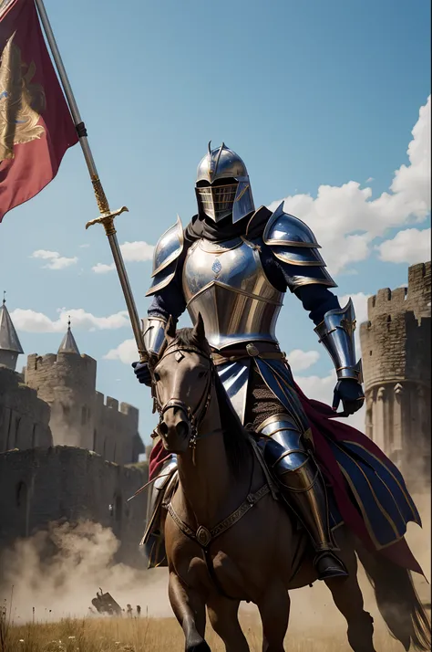 "Royal Knight with a majestic aura, adorned in gleaming armor, wielding a legendary sword, standing tall amidst a medieval battlefield, with banners fluttering in the wind and rays of sunlight illuminating the scene."