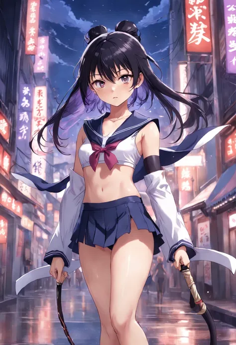 Although petite and has a perfect figure,、Female warrior with small breasts holding a huge sickle behind her hand, Japan set of sailor suits followed by wearing capes、Main color is matte black、The second color is meteratic purple, Its not underwear under h...