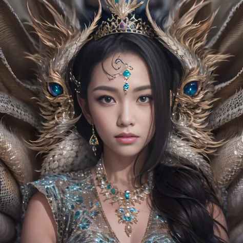 32k（tmasterpiece，k hd，hyper HD，32k）Long flowing black hair，Jewelry quarter in the back room，Brunette king girl ，Silver Dragon Protector （realisticlying：1.4），Python pattern robe，Purple-pink tiara，Snowflakes fluttering，The background is pure，Hold your head h...