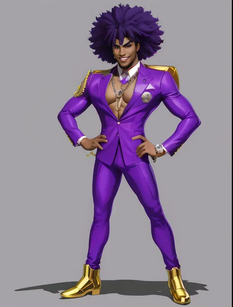 full body standing), full body shot, full body, flat vector, pop art, big purple afro,holding a real computer、 wearing nice suit, muscular man, wearing lots of jewels, comic book style hero character, big mouth gold toothy smile, man warrior character desi...