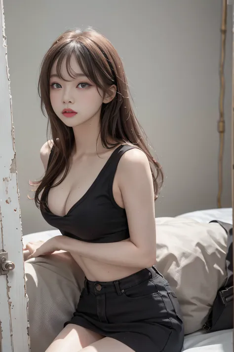 Top image quality、Raw photography、超A high resolution、An 18-year-old woman、Shooting for one person only、modelshoot、big round chest、cleavage of the breast、tshirts、Wearing a black skirt、Beautiful Eyes of Details、very elongated eyes、Beautiful eyelashes、Beautif...