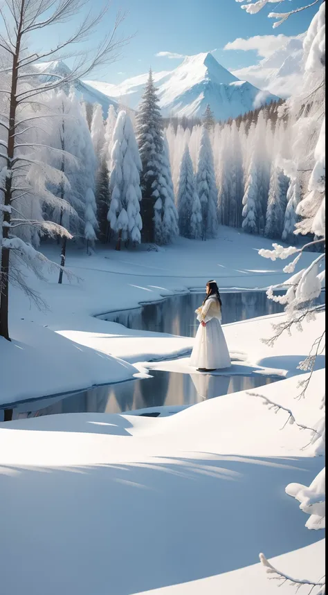 In this dreamy snowscape，The white world seems to be covered with a layer of tulle。The sky is blue，Sunlight shines through the clouds，Reflected on the snow，A golden yellow light and shadow is formed。The branches are covered with crystal clear ice，The breez...