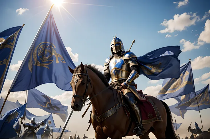 "Royal Knight with a majestic aura, adorned in gleaming armor, wielding a legendary sword, standing tall amidst a medieval battlefield, with banners fluttering in the wind and rays of sunlight illuminating the scene."