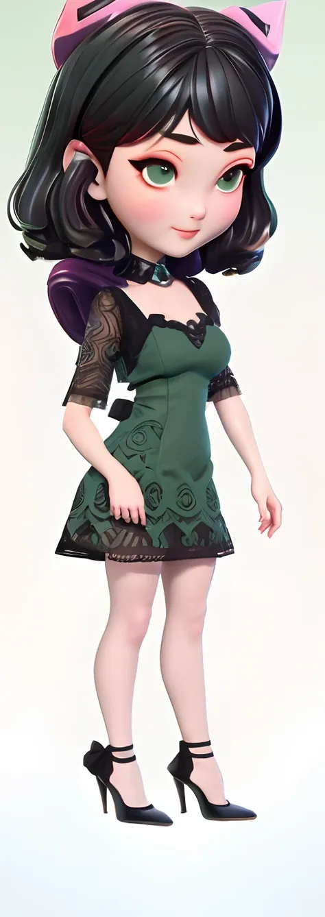 one-girl，。.。.。.。.。.。.。.。.。.。.3D ,low-contrast, shift dresses, full body green dress, nedium breasts , Black color hair