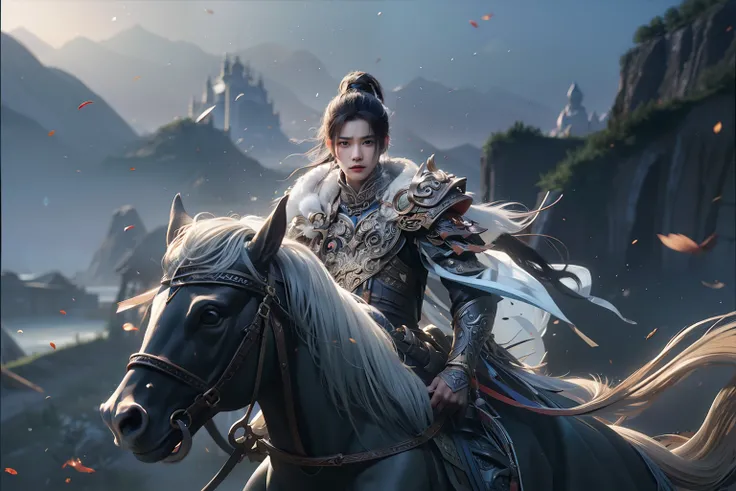 There was a man on a horse，Smoke of war， zhao yun, chengwei pan on artstation, cgsociety and fenghua zhong, xianxia hero, by Yang J, Inspired by Fenghua Zhong, xianxia fantasy, inspired by Zhang Wo, Chinese fantasy, Inspired by Seki Dosheng