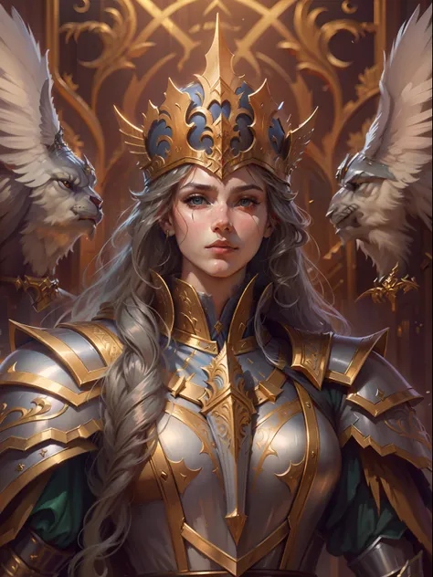 Look from the bottom up，low  angle shot，Highly detailed portrait of the Paladin Genevere，Wear armor，shelmet，epee，big sword，Cross sword，sword，Silvertone，holy rays，god light，medieval times，Noble，setia，Servant of Jesus，Solemn，Gold accents，epic fantasy digital...