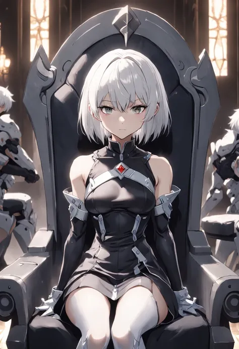 anime, a woman in a black dress sitting on a chair with a sword, rogue anime girl ayanami king, inspired by Li Chevalier, pin in anime, perfect white-haired girl, girl with short white hair, white hair, "beautiful anime woman, 2b nier automatons, white hai...