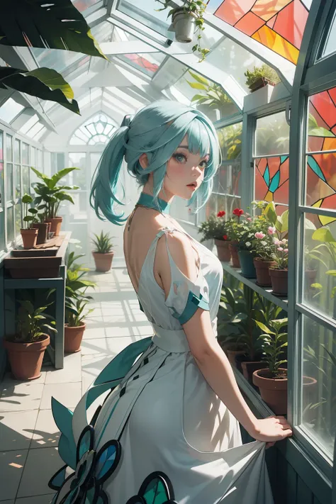 1 young woman solo, white dress, teal hair ponytails, inside a glass mirrored greenhouse, colored glass windows, ((stained glass...